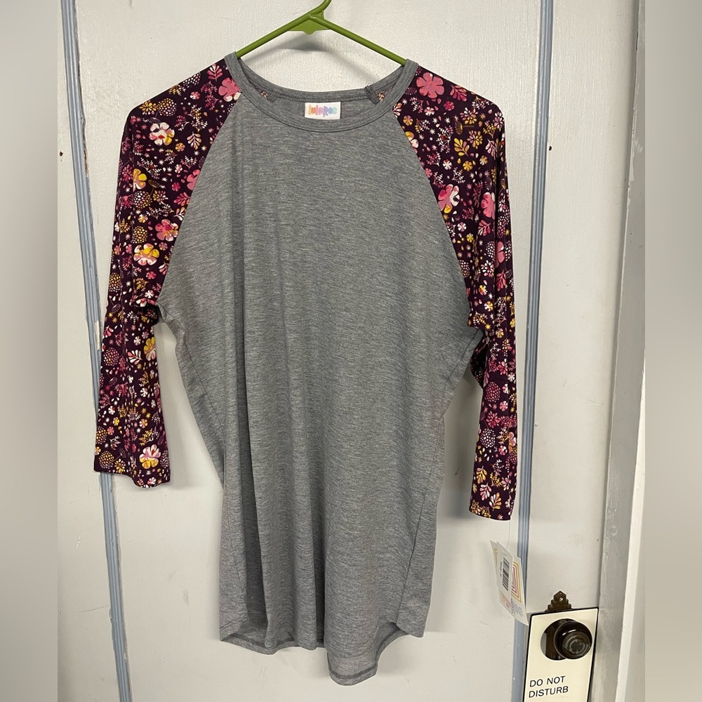 Lularoe Randy Top- Size Medium- grey shirt with Pink/ purple flower sleeves